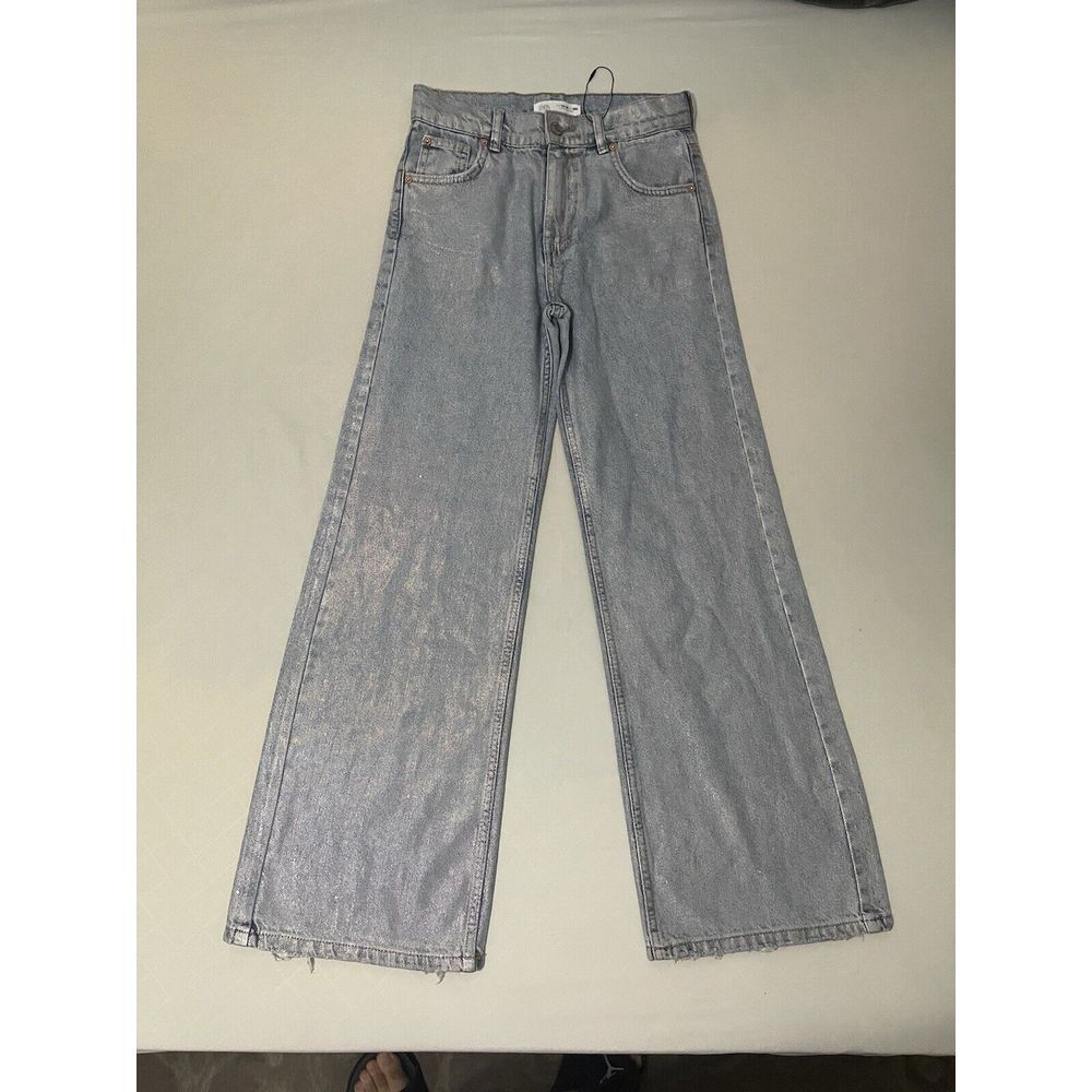 ZARA Metallic Iridescent Denim Jeans Women's Size 13 Silver Coated Wide Leg NWOT